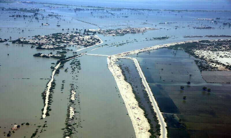 Aerial view of flood-affected terrain